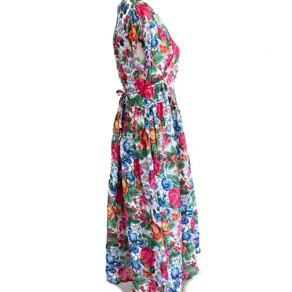 Vintage 1980s Floral Front Button Maxi Dress L Cotton100% Lined Pink Beautiful - Picture 11 of 11
